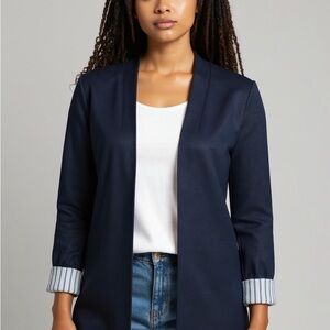 Elegant Sophisticated Navy Women's Tahari Coat Striped Satin Lining Size 14